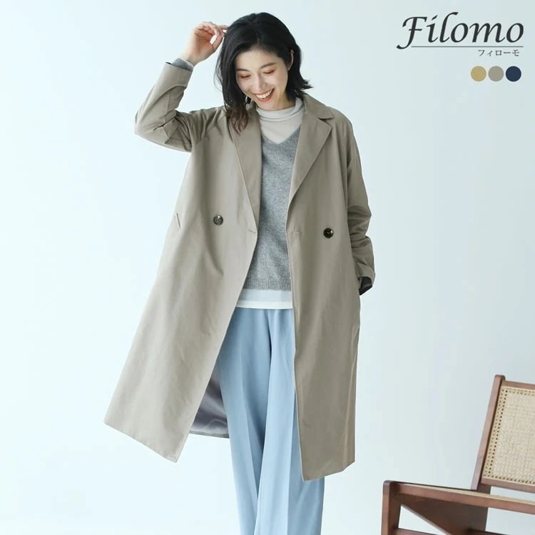 スプリングコート レディース アウター ロング丈 弱撥水 filomo 春コート 秋コート ゆったり オーバーサイズ チェスターコート 軽量 通勤 通学 ジャケット こなれ トレンチコート ベージュ