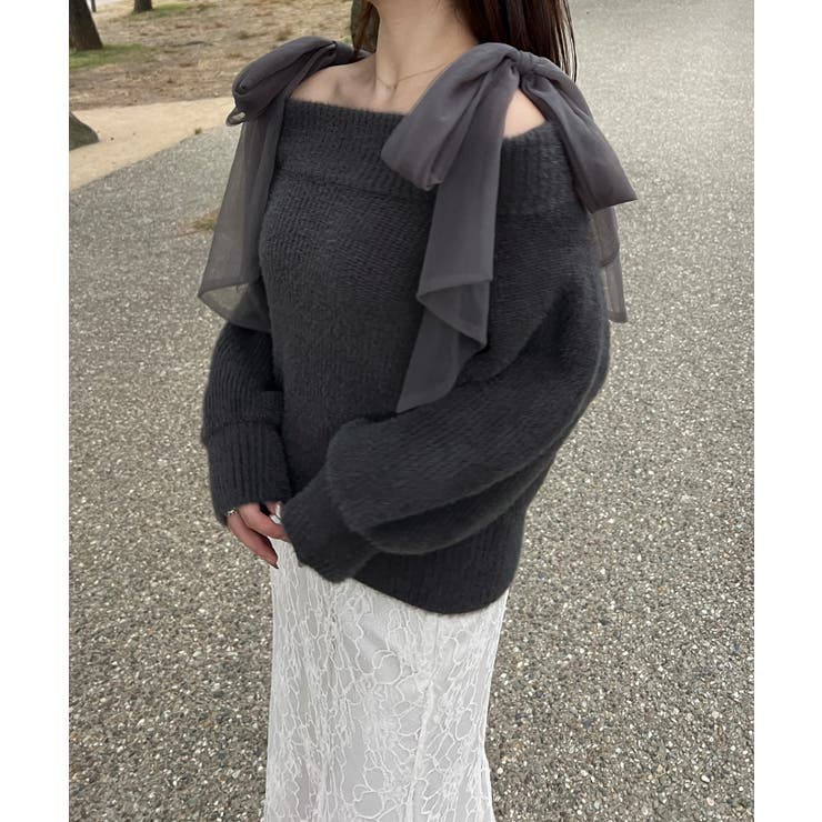 チュールリボンオフショルシャギーニット