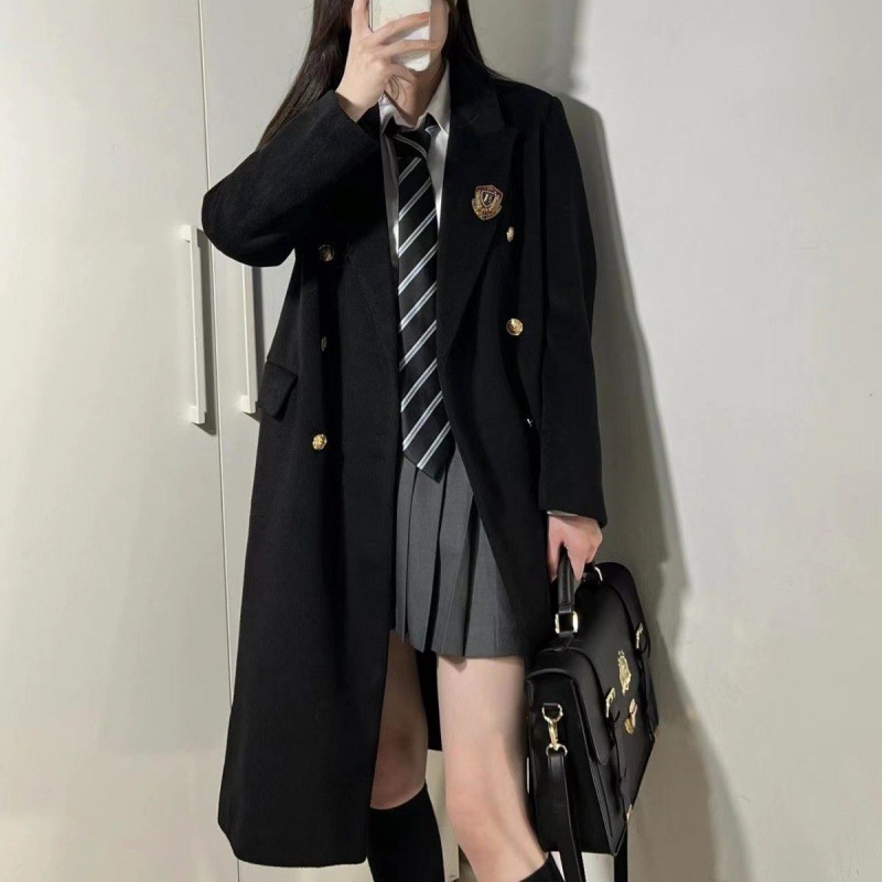 2024春秋jkウールコート女性和風スーツ襟ダブルブレスト小中ロングブラックウールコート