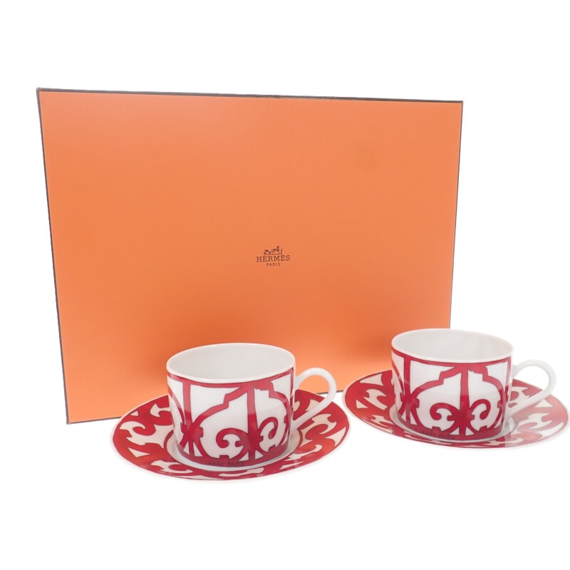 ティーカップ&ソーサー ガダルキヴィール 2客 P011016P 食器 レッド 贈答 未使用【Sランク】