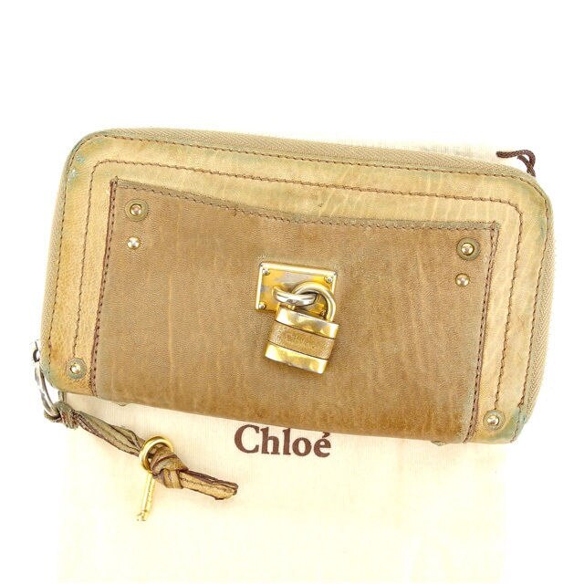 ラウンドファスナー財布 長財布 パディントン ライトブラウン ベージュ ゴールド 中古