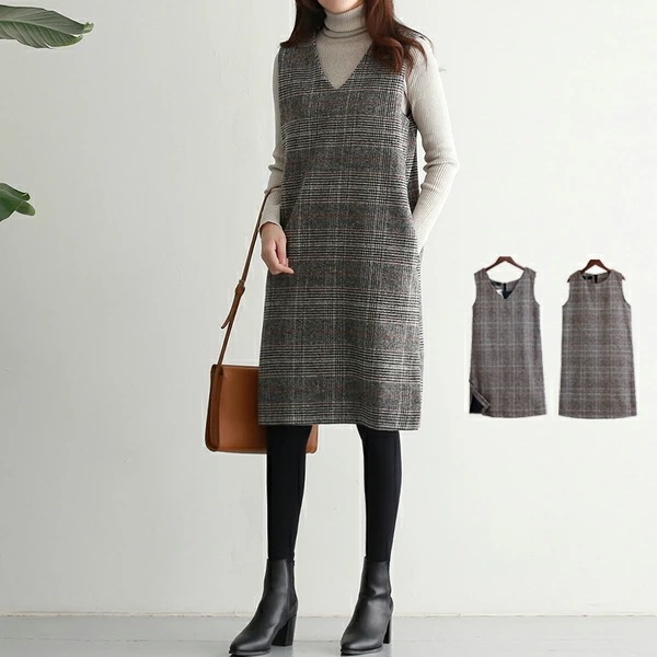 ジャンパースカート グレンチェック 大人ジャンバースカート ワンピース オフィス 大きいサイズ 秋 春 Vネック ラウンドネック 楽ちん ワンピ シンプル ロングワンピ ひざ丈 ミディアム きれいめ