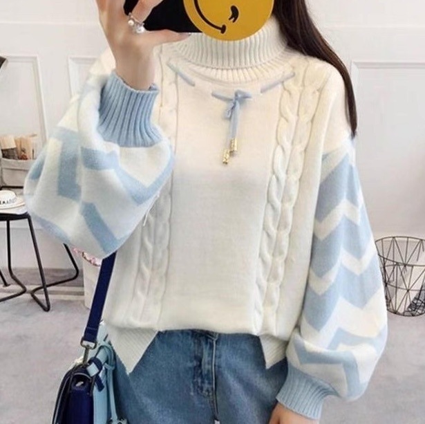 レディース トップス ニット セーター プルオーバー 長袖 ボリューム袖 ラウンドネック タートルネック フェミニン リボン 切り替えデザイン ケーブルニット かわいい 大人可愛い カジュアル