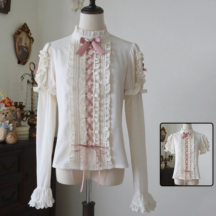 2way ブラウス ロリータ レディース リボン ボウタイ キャンディースリーブ ボリューム袖 フリル襟 甘ロリ