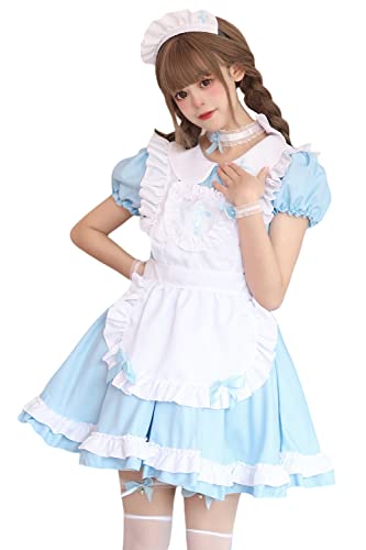 [] メイド服 コスプレ 4色展開 ハロウィン 仮装 ブラック レッド ブルー ピンク レディース エプロン 衣装 半袖 可愛い 萌え イベント 活動 大人用 ワンピース 首飾り ニーハイソックス付き