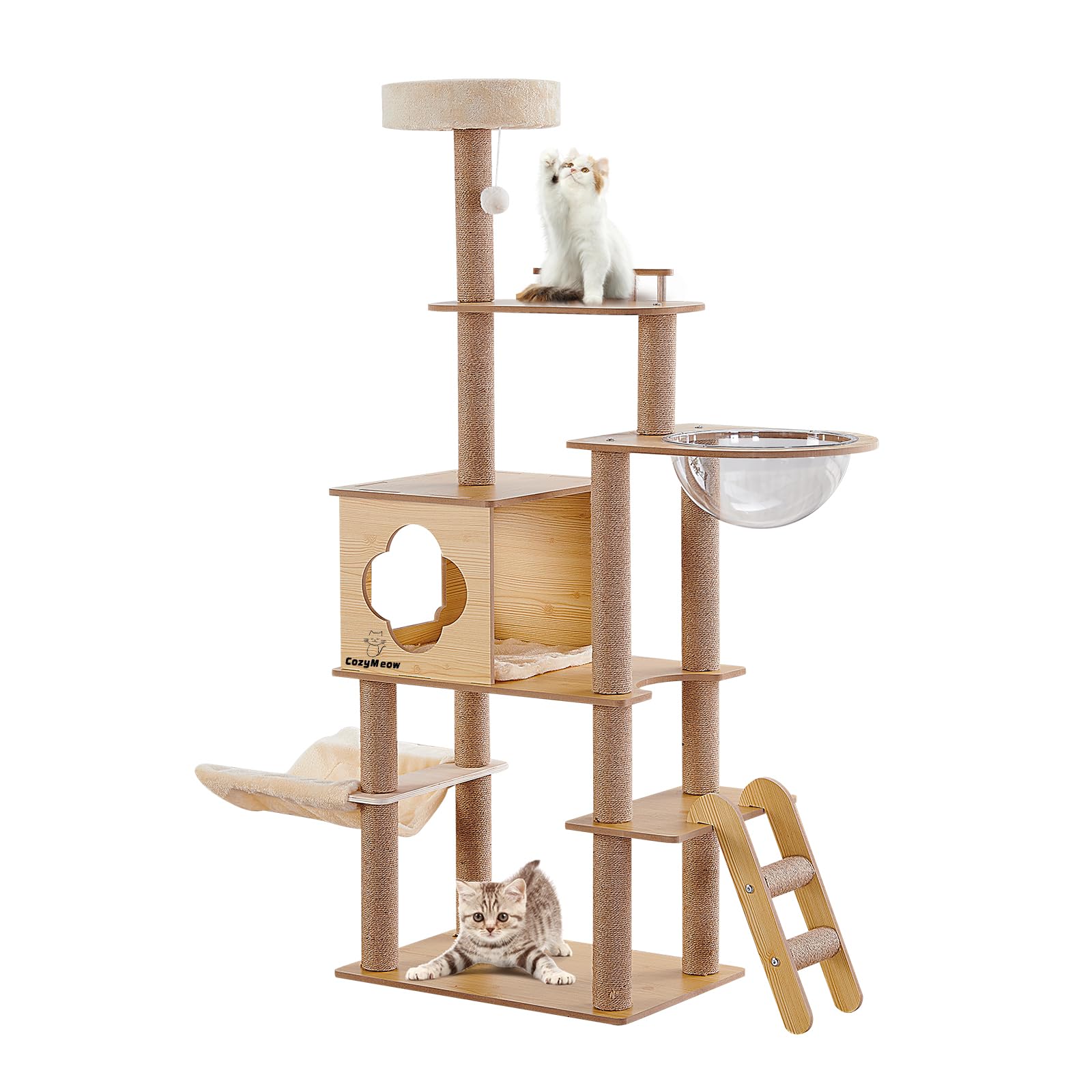 CozyMeow キャットタワー ハンモック 木製 スリムデザイン 大型猫用 老猫や肥満猫子猫向けキャットハウス 宇宙船型透明ボウル 多頭飼い 対応 組み立て簡単 安定性 多段階のステップ 省スペー