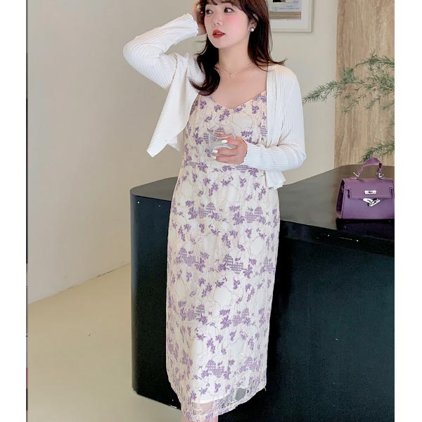 調節できる細肩紐 フラワーレース + カーディガン ショート丈 長袖 Ｖネック リブニット