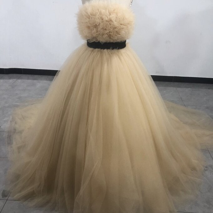 華やか カラードレスシャンパン色 ソフトチュール ロングトレーン華やかなトレーン 結婚式 23,779円