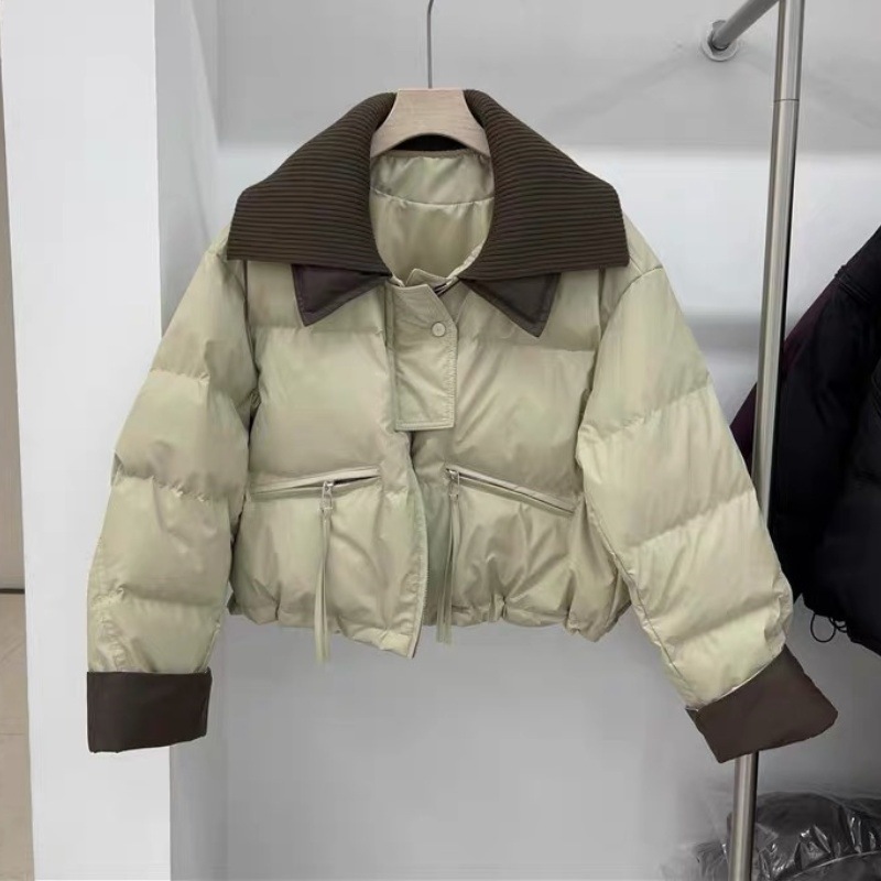 ニット二重層襟ホワイトダックダウンジャケット女性のためのショート 2025 新しいヨーロッパスタイルルース PU レザー無洗冬ジャケット 5,103円
