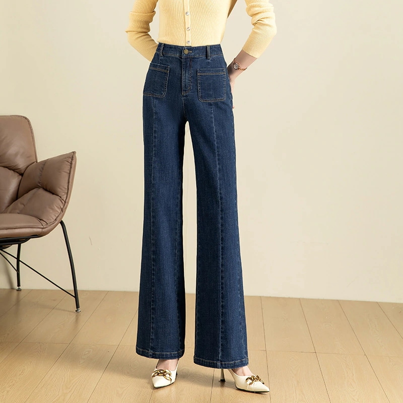 2025新款拼接牛仔裤女2025春季高腰韩版拖地微喇裤G8870