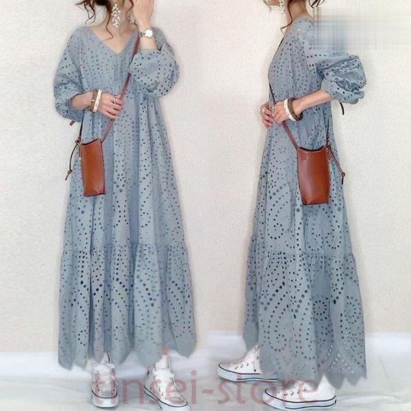 新モデル発売 ワンピース レースワンピース Vネック 無地 スリット マキシワンピース 透かし彫りワンピース 秋 ロングワンピース 通勤 韓国風 利用可能なポイント