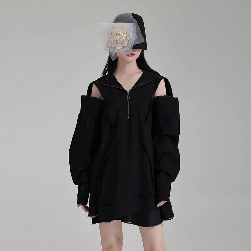 カシミヤタッチ ロンT ファスナー 長袖 スウェット レディース 春夏 ブラック ゆったり スウェット ロングスウェット