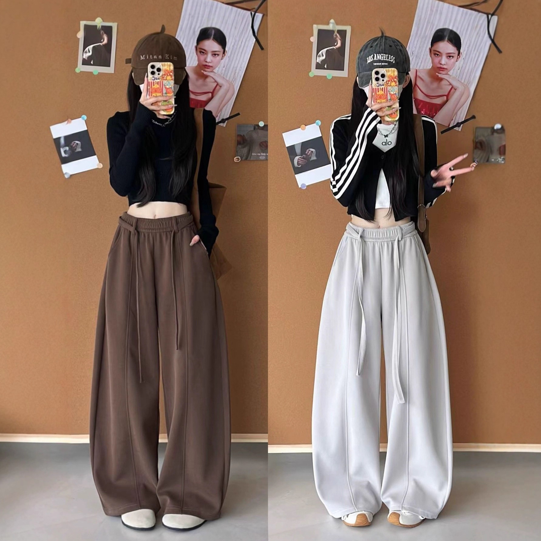 琥珀色で流れるようなドローストリングのカーブしたレディース パンツ2025 年秋の新作スタイルハイウエストナローフィットワイドレッグゆったりとしたフィット感のカジュアルなスウェットパンツ