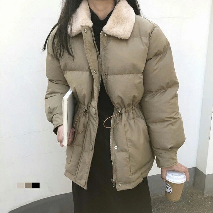 襟ファー中綿ジャケットミリタリージャケットレディースアウターコートショート丈長袖中綿ウエスト調整フェイクファーエコファーシンプルおしゃれ防寒無地プレゼント