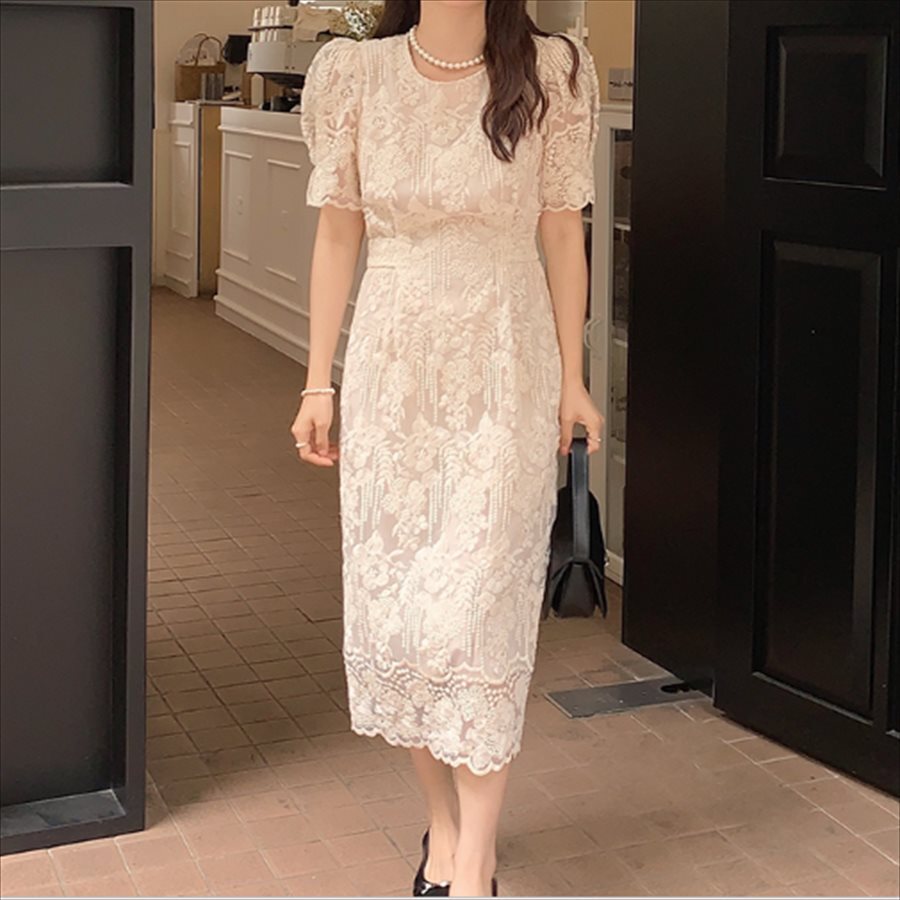 ロングドレス ドレス 衣装 ワンピース ロング ミモレ 袖あり 半袖 Uネック ラウンドネック クルーネック Aライン フレア Iライン レース 透け感 シースルー ファスナー 薄手生地