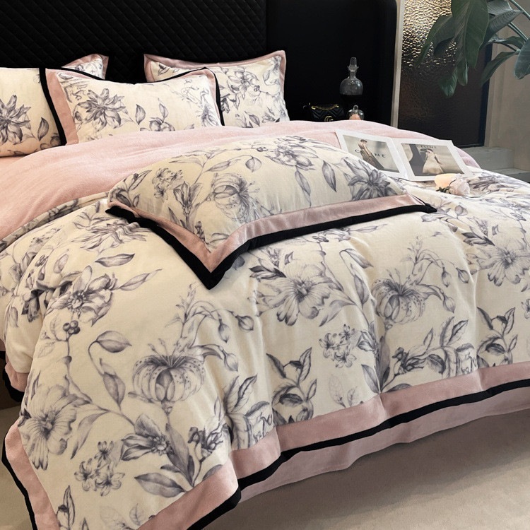 アメリカンミルクベッドの上に冬の珊瑚絨毯布団カバー厚手フランネルベビー絨毯シーツベッドの4点セット