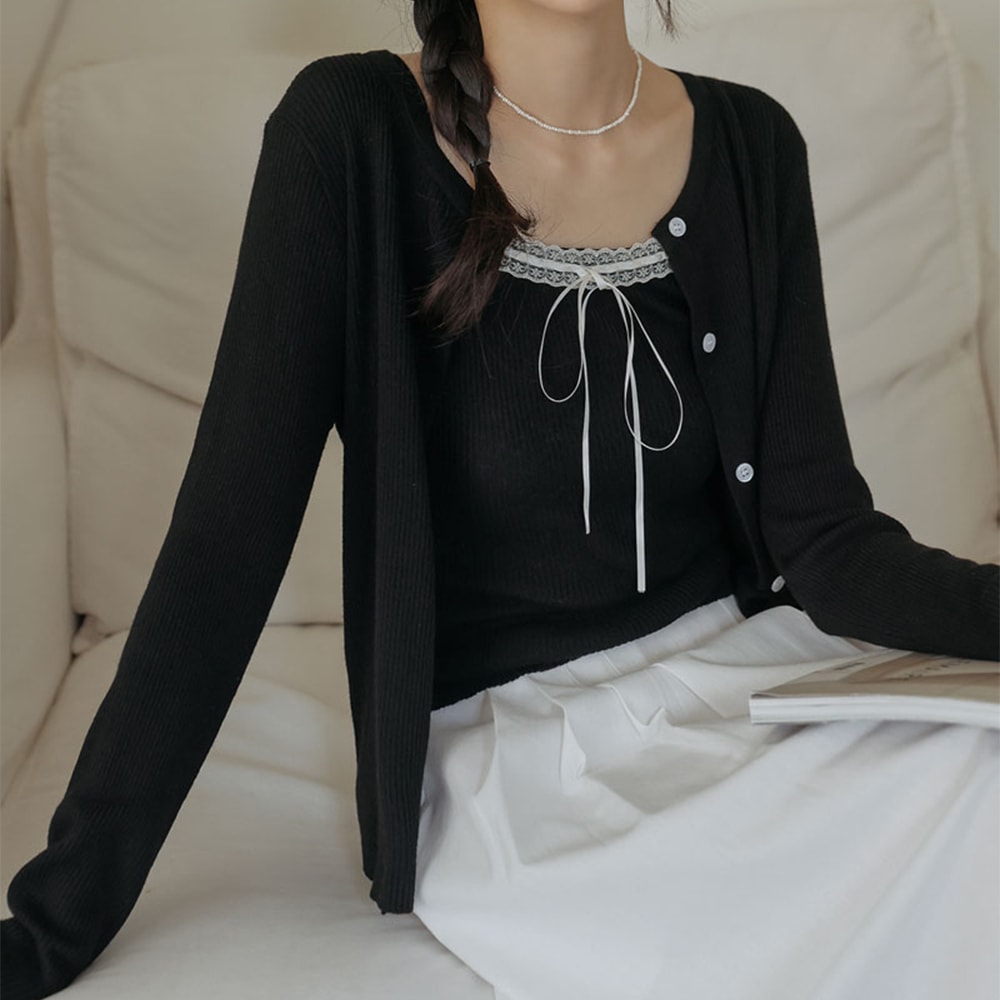 シエントレースニットスリーブレスカーディガンセット