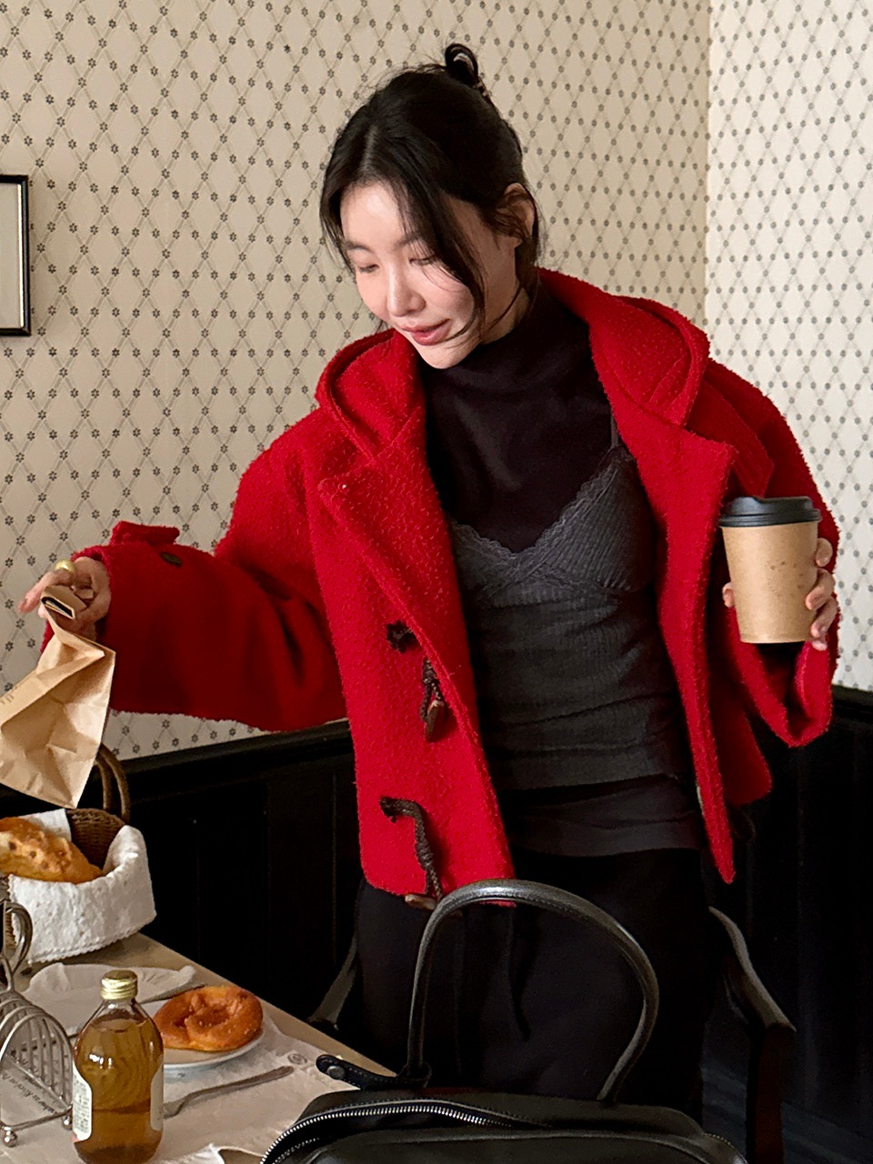 ロンケ CASENTINO クラシックフーディークロップダッフルコート (レッド)