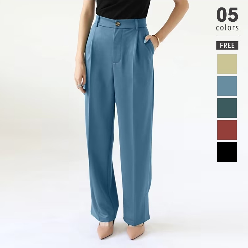 【OUTLET！クーポンで1,004円】 スラックス レディース ストレートパンツ ワイドパンツ ハイウエスト センタープレス タック ボトムス スリット付き ウエストゴム 美脚 脚長 ロング オフィ