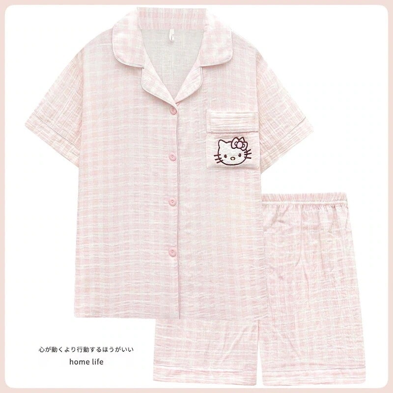 ハローキティ綿パジャマ女性の夏半袖二層シアサッカーかわいい漫画ホーム服セット一部翌日出荷
