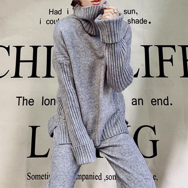 2点セット タートルネックサイドスリットニット＆セミフレアニットパンツ タートルネック セーター あたたかい ニット レディース セット