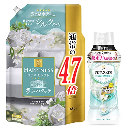 【まとめ買い】【柔軟剤+ビーズ】 レノア ハピネス 夢ふわタッチホワイトティー柔軟剤詰め替え 1880mL + アロマジュエル 香り付け専用 ホ
