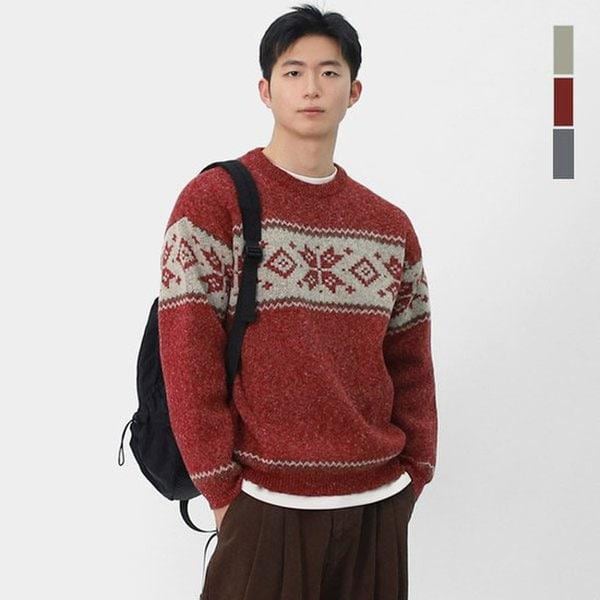 メンズ雪の結晶ノルディック柄ラウンドニット SNBR002