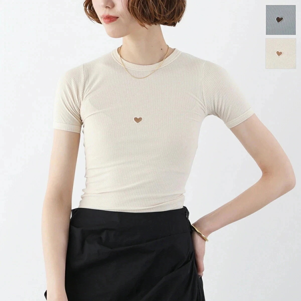 BASERANGE ベースレンジ Tシャツ HEART TEE SHIRT TOHS RB レディース 半袖 リブ カットソー ハート カットアウト クルーネッ