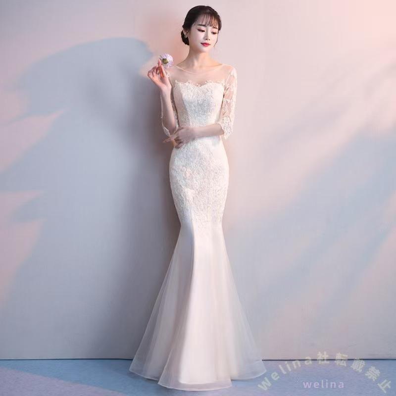 マーメイドドレス ロング 結婚式 二次会 レース 7分袖イブニングドレス グレー/ピンク/ホワイト 上品 体型きれい見え