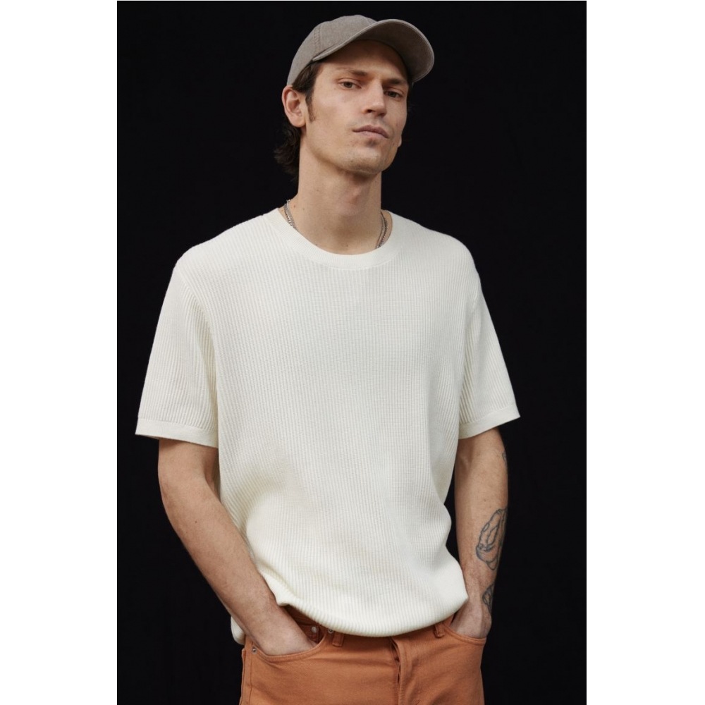H&M レギュラーフィット リブニット Tシャツ クレーム