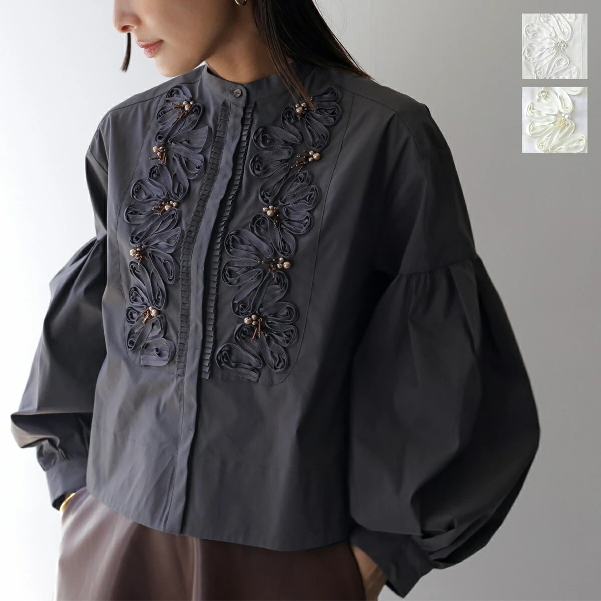MARILYN MOON SOI-MeME マリリンムーン ソワメム ブラウス code embroidery pearl blouse 4253-118 レディース コード刺繍 パール ビーズ 長袖
