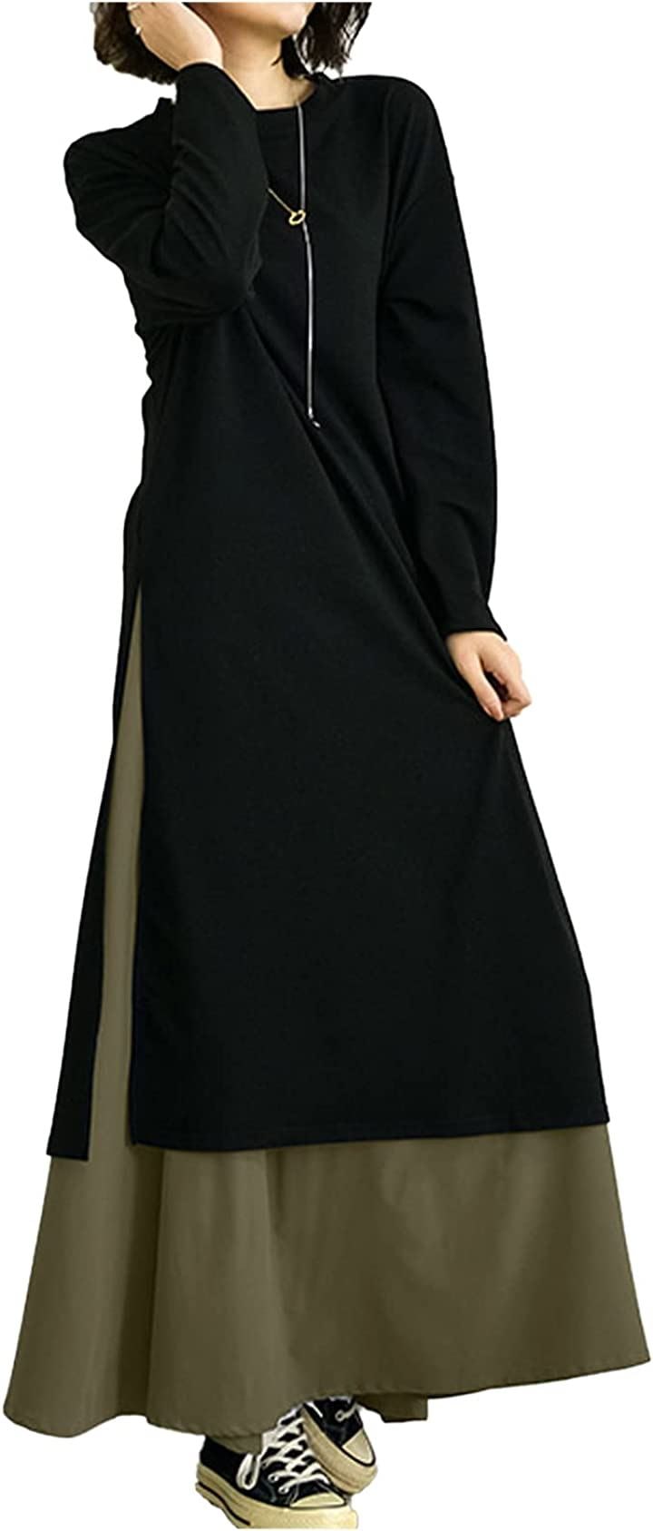セットアップ 上下セット 重ね着 ロング ゆったり レディース ロングワンピース 長袖カジュアルワンピース(カーキ, L)