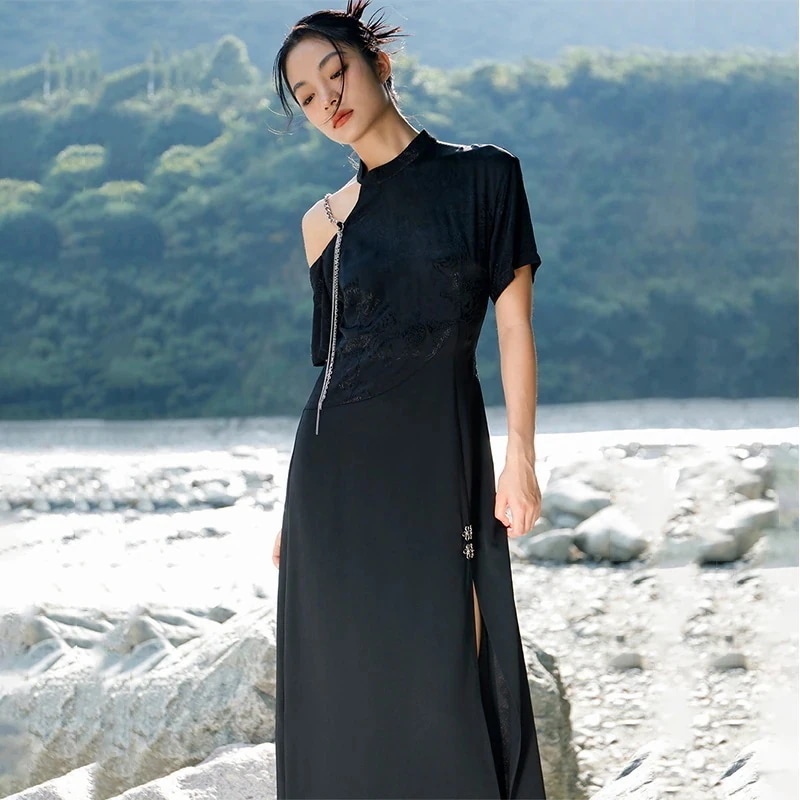 【急速出荷!】チャイナ風ワンピース 黒 オフショルダーワンピース スリットワンピース マキシ 切り替えワンピース ロング パーティードレス