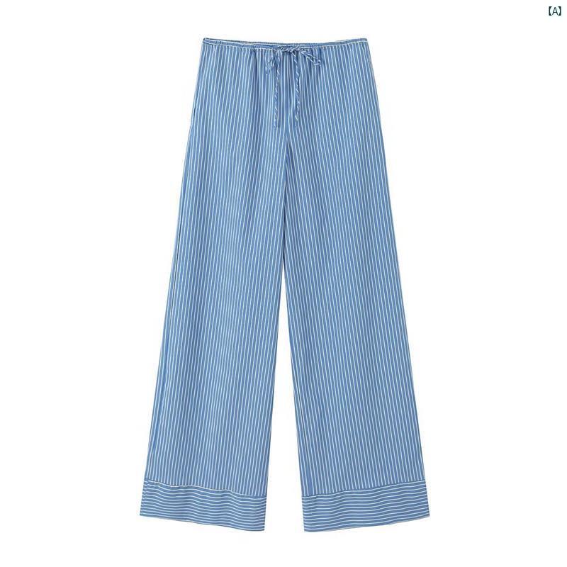 レディースファッション　かわいい　オシャレ　海外 ストライプ レースアップ ワイド レッグ パンツ
