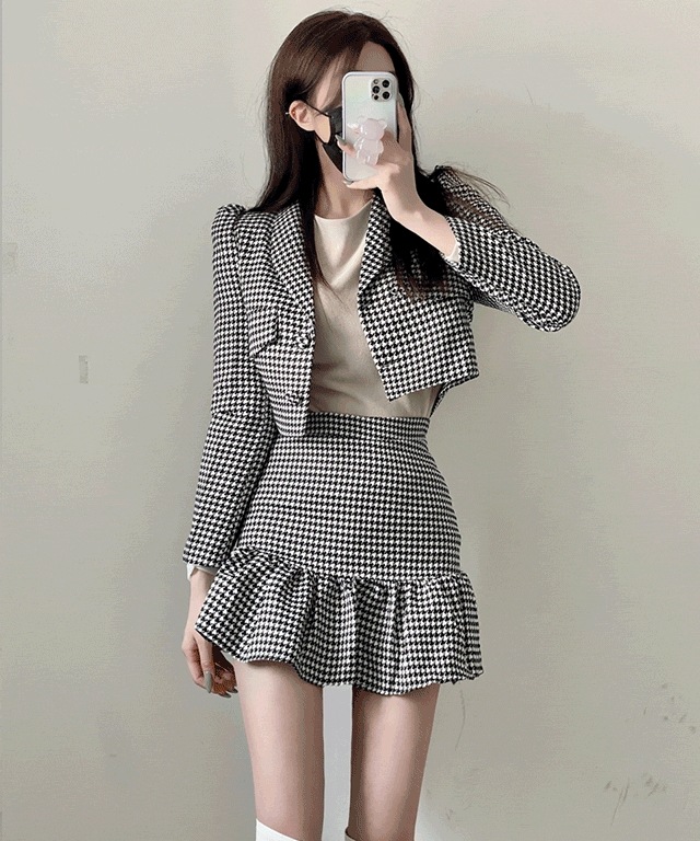 *セットアップセット* チェック スリム ツイード ジャケット スカート ツーピース セット 2col