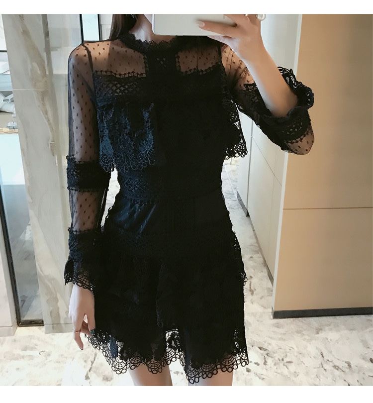 シースルーレースドレス シースルー ドット 水玉 レース ワンピース ドレス 長袖 膝上 ミニワンピ フェミニン パーティー お呼ばれ 二次会 デート かわいい ２カラー a4118