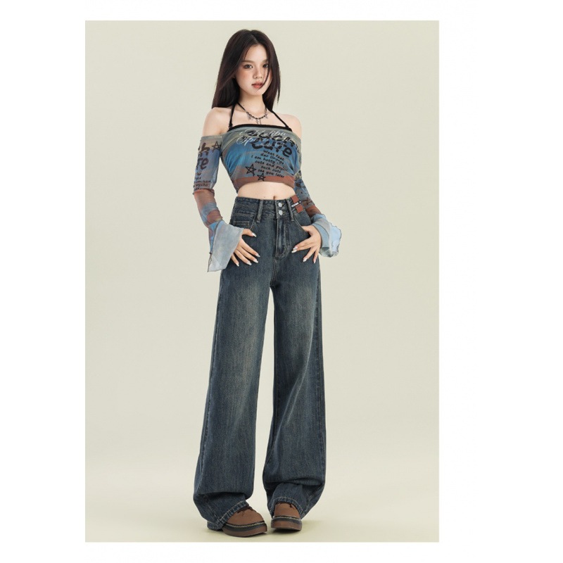 ベルベット肥厚レトロワイドレッグジーンズ女性のための秋と冬の新しいハイウエストストレートルーズスリミングフロアレングスパンツ