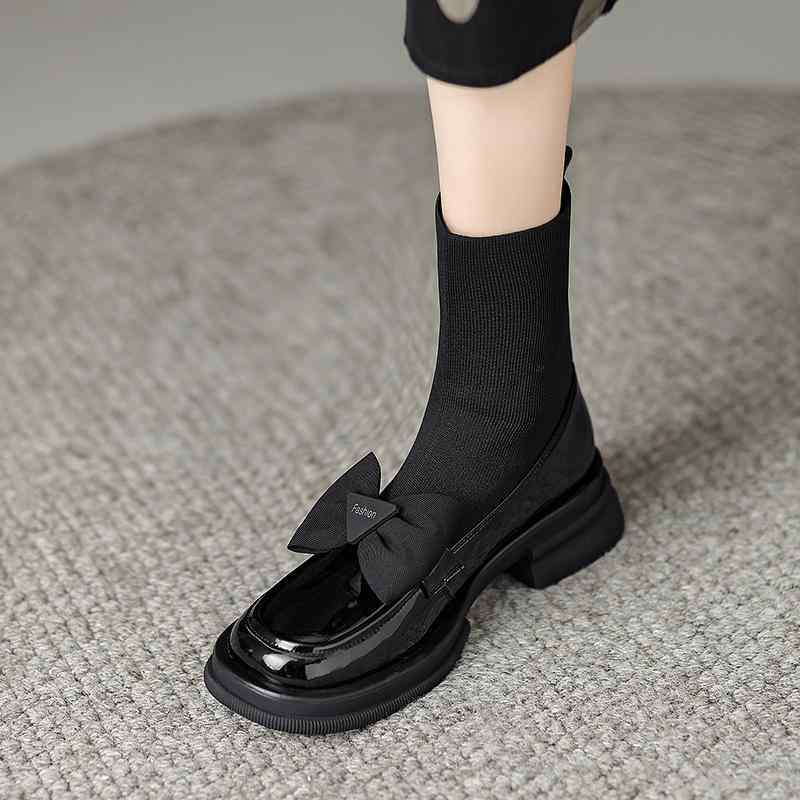 ソックス ブーツ ローファー レディース リボン ショート ブーツ 女性 春秋 シングル ブーツ 太い ヒール 靴下 ブーツ 女性 弾性 スリム ブーツ ミッド ヒール ショート ブーツ