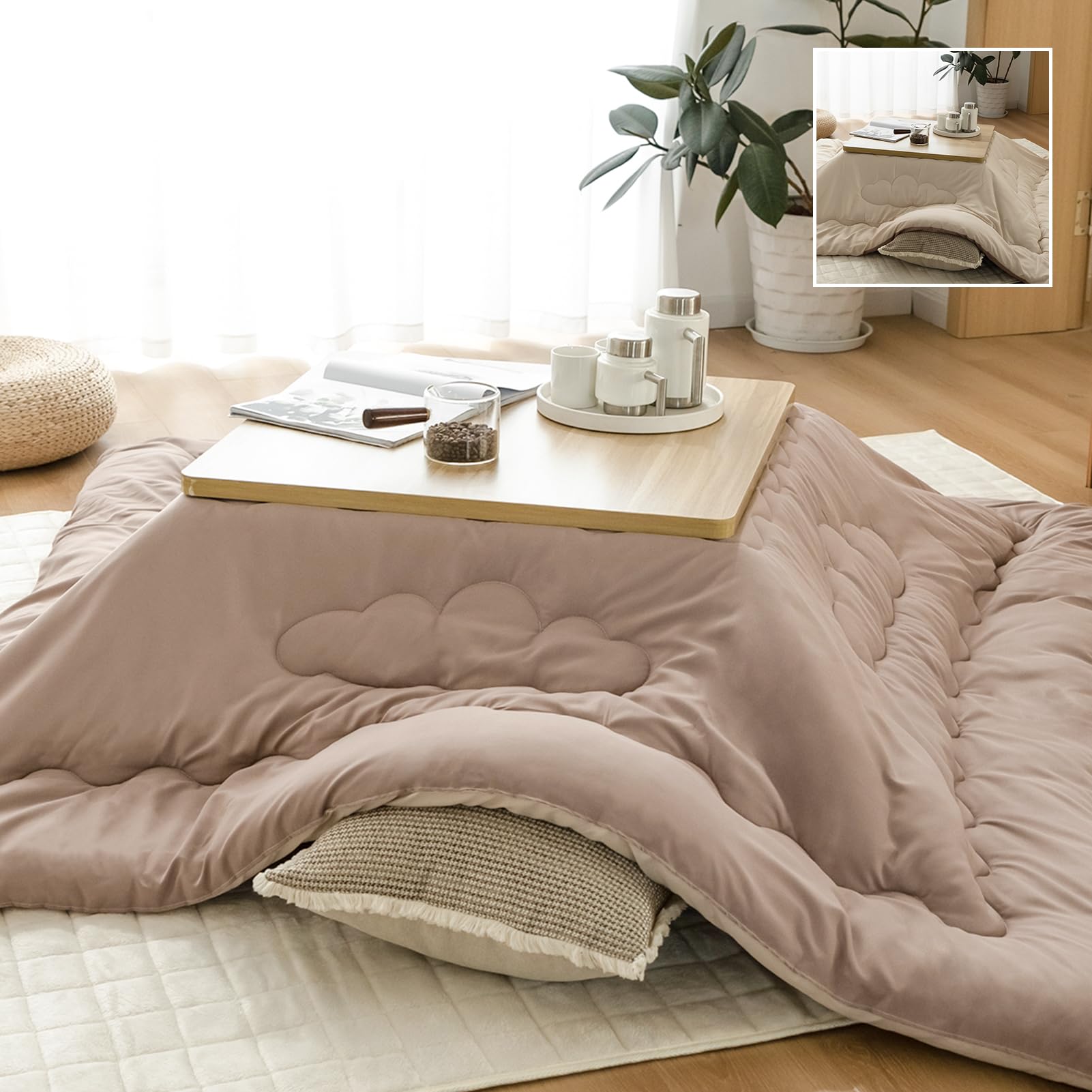 OIGAE こたつ布団 長方形 単品205×285cm 【雲】キルティング 吸湿発熱 リバーシブル ピーチスキン加工 綿ズレ防止 保温蓄熱 こたつふとん ふわふわ こたつ掛け布団 洗える 抗菌防臭 火