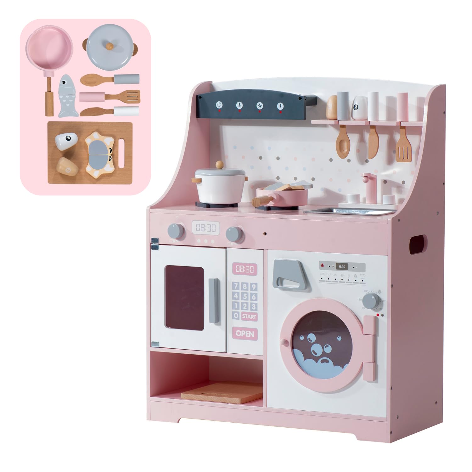 TopCloud おままごと キッチン 木製 国内食品衛生法規格試験に合格！台所 洗濯機 付属品付き ままごとセット 誕生日 台所 知育玩具 子供用 子供 収納 まねっこ コンロミニキッチン おもちゃ