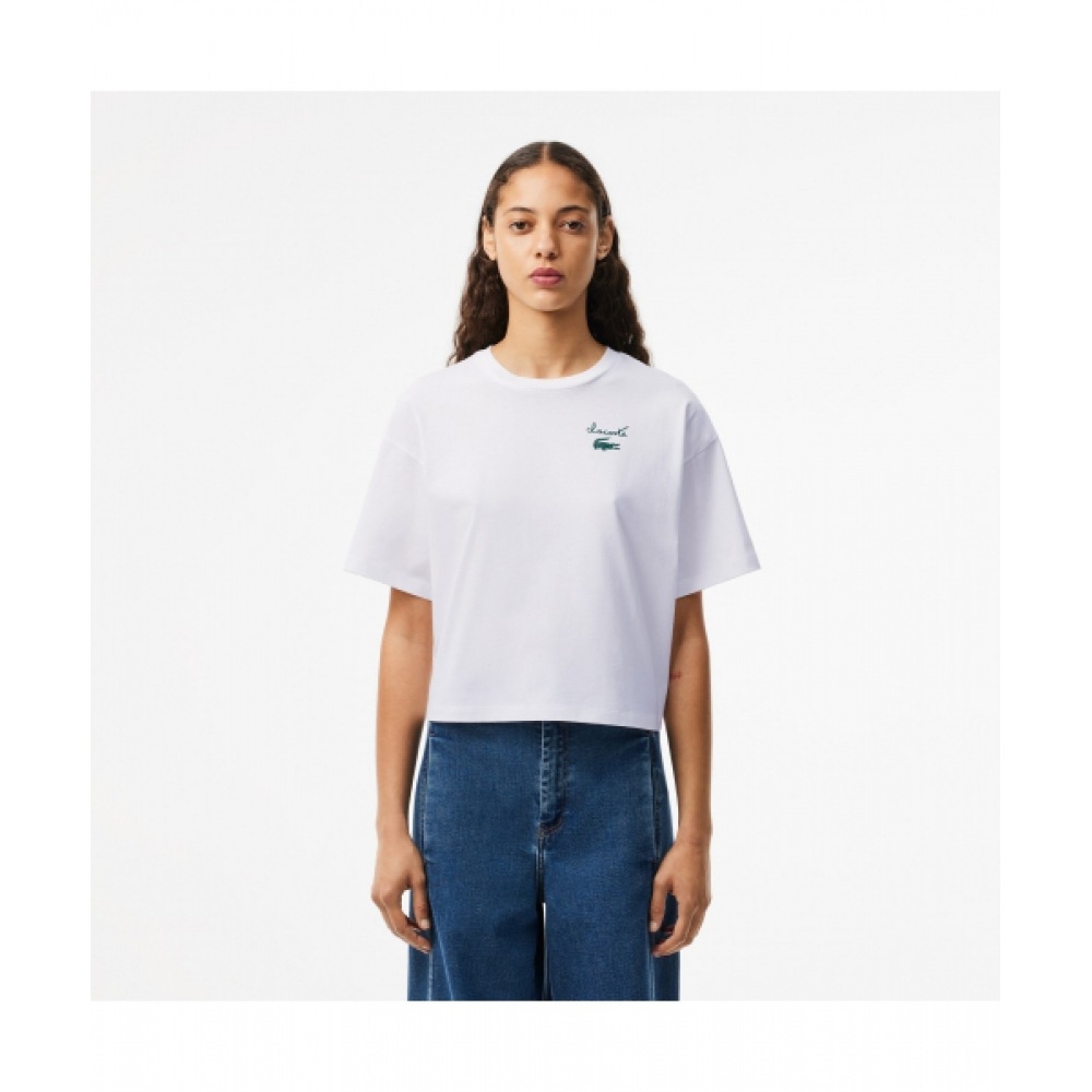 LACOSTE レディースグラフィックポイント半袖Tシャツ [オフホワイト]