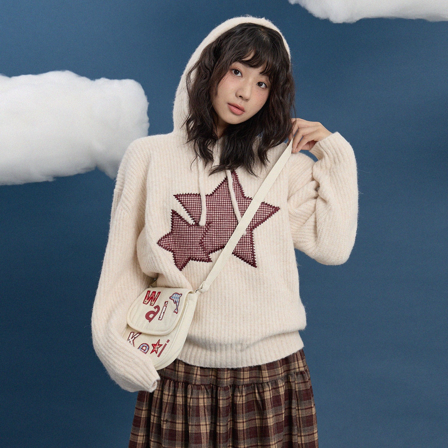 Big Star Check Applique Hood Knit IVORY