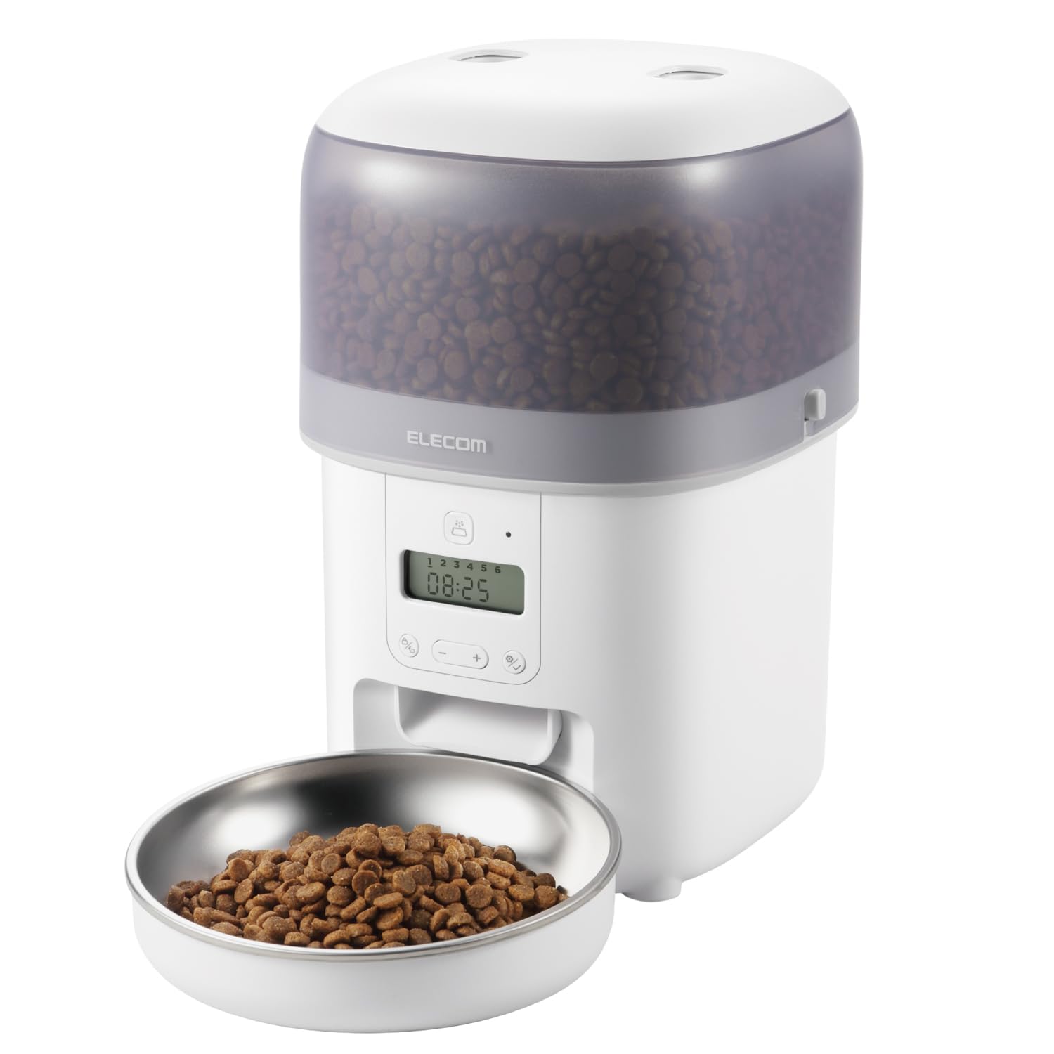 エレコム 自動給餌器 猫 中小型犬用 2L (約1.1kg) タイマー機能付 1日最大6回 蓋ロック 2WAY給電 コンパクト 乾燥剤付属 ステンレス 1皿 幅170×奥行190×高さ258mm ホワ