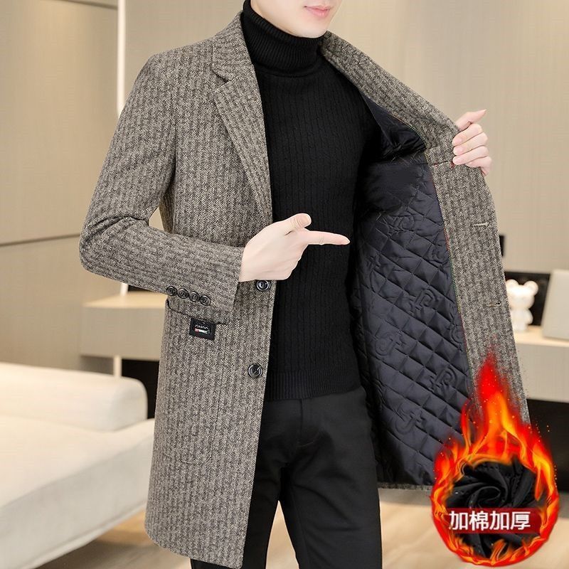 秋冬ウールコートメンズミドル丈カジュアルコットン増粘ウールウインドブレーカージャケット防寒着暖かい