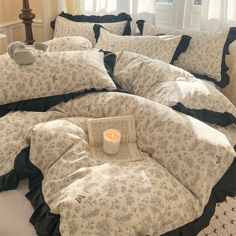 フランスのオールコットンエッジ4ピースセット韓国の小さな新鮮なピュアコットンキルトカバーシートレトロフローラルシングルベッド3ピースセット