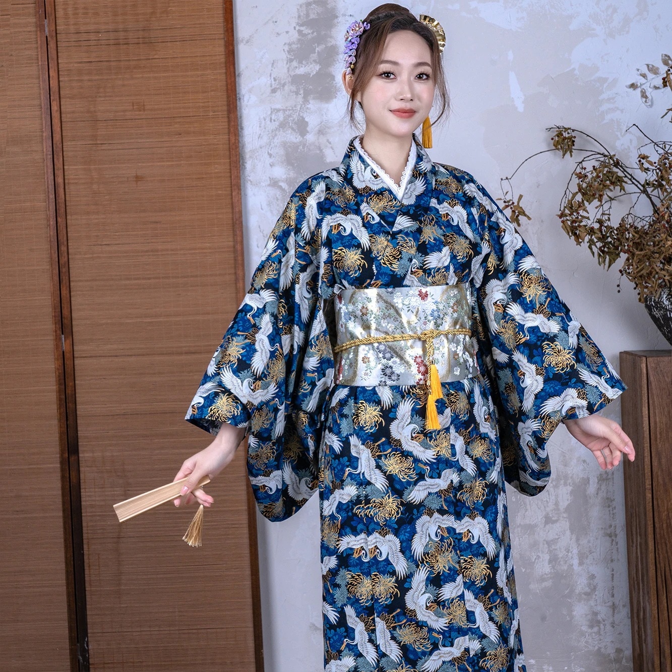 3日出荷 浴衣 大菊 鶴 青 着物 民宿 着物 レディース 撮影 改良 着物