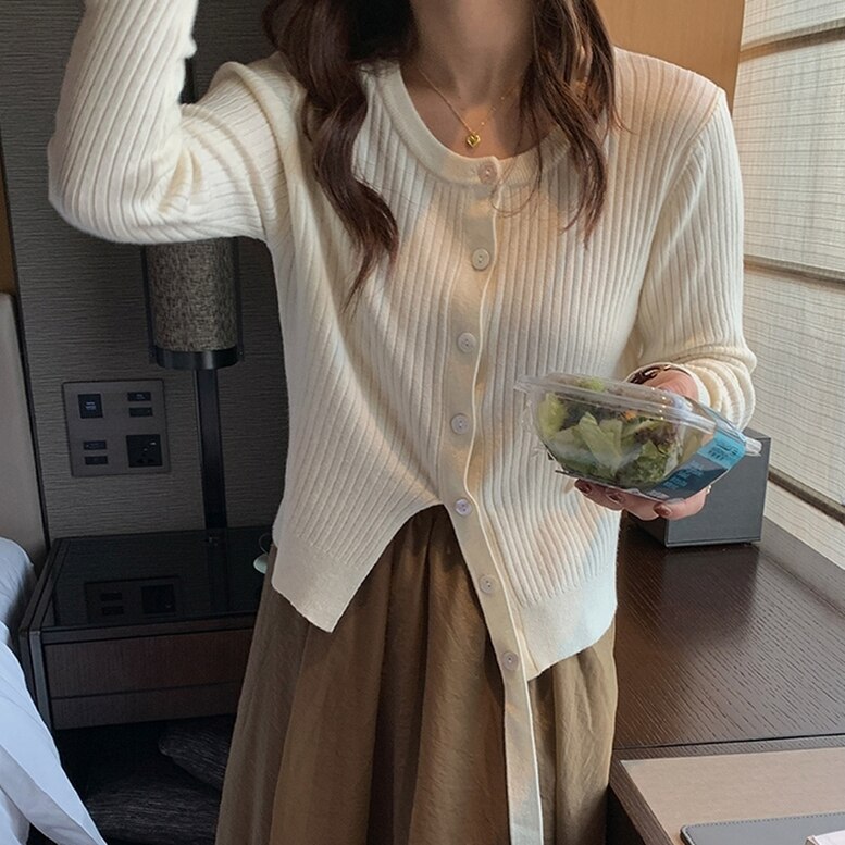 トップス レディース カーディガン 長袖 薄手 羽織 日よけ ニットカーディガン リブ カットソー アシンメトリー クルーネック スリム リブニット オフホワイト ブラック ブルー イエロー