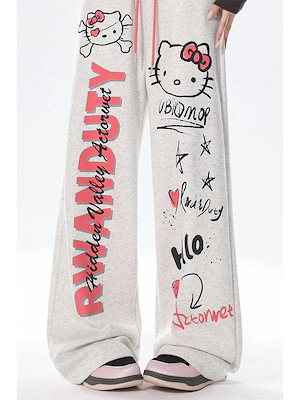 スウェットパンツ サンリオ レディース ハローキティ グレー レタープリント ルーズ ワイド ストレート カジュアル 快適 かわいい