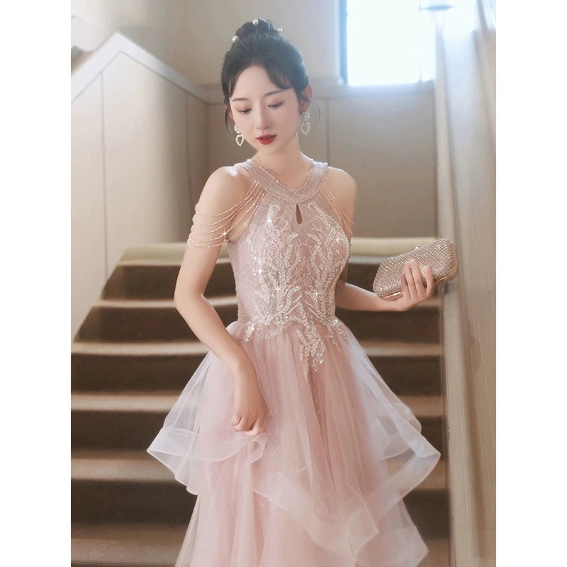 ワンピースドレスドレスドレス女性のホルターネックバンケットホストアート試験のパフォーマンスコスムピンクのエンゲージメントハイエンド感情 5,806円