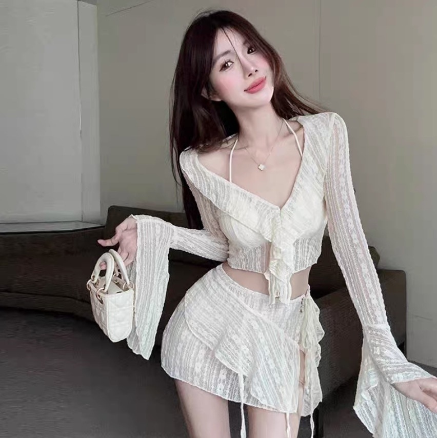 水着 ビキニ スイムウェア レディース 紐 三角ビキニ 羽織り パレオ スカート セパレート ホルターネック 二の腕カバー リボン レース 刺繍 レースアップ 胸元 谷間魅せ 水陸両用 セット